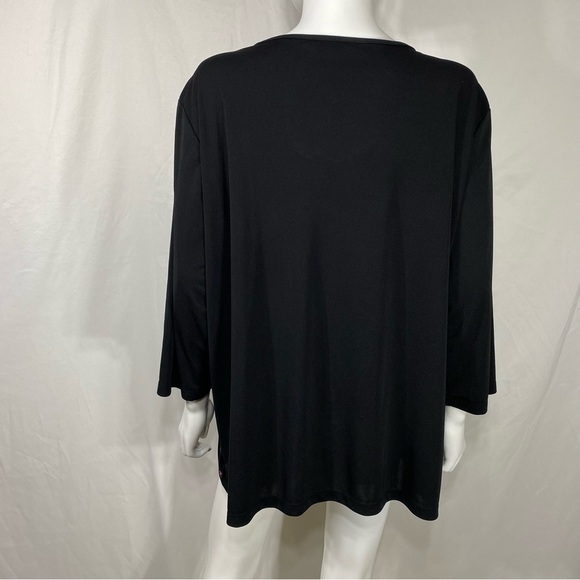 Notations Layered 3/4 Sleeve Embroidered Pink Flower Black Blouse - Picture 4 of 6